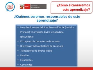 ¿Cómo alcanzaremos
este aprendizaje?
¿Quiénes seremos responsables de este
aprendizaje?
 Los y las docentes del área Personal Social (Inicial y
Primaria) y Formación Cívica y Ciudadana
(Secundaria)
 El conjunto de docentes de la escuela
 Directivos y administrativos de la escuela
 Trabajadores de diversa índole
 Familias
 Estudiantes
 Comunidad
 