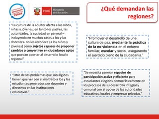 “Promover el desarrollo de una
cultura de paz, mediante la práctica
de la no violencia en el entorno
familiar, escolar y social, asegurando
el ejercicio pleno de la ciudadanía.”
“Se necesita generar espacios de
participación activa y eficiente para
estudiantes elegidos democráticamente en
los procesos de su desarrollo integral y
comunal con el apoyo de las autoridades
educativas, locales y empresas privadas.”
¿Qué demandan las
regiones?
“La cultura de la adultez afecta a los niños,
niñas y jóvenes; en tanto los padres, las
autoridades, la sociedad en general –
incluyendo en muchos casos a los y las
docentes- no les reconoce (a los niños y
jóvenes) como sujetos capaces de proponer
cambios o convertirse en ciudadanos aptos
que puedan aportar al desarrollo local o
regional”
“Otro de los problemas que son álgidos
tienen que ver con el maltrato a los y las
estudiantes generados por docentes y
directivos en las instituciones
educativas.”
 