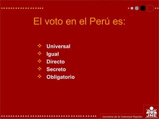 El voto en el Perú es:
 Universal
 Igual
 Directo
 Secreto
 Obligatorio
 