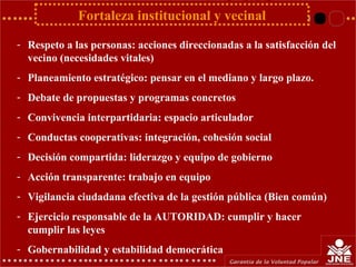 Fortaleza institucional y vecinal
- Respeto a las personas: acciones direccionadas a la satisfacción del
vecino (necesidades vitales)
- Planeamiento estratégico: pensar en el mediano y largo plazo.
- Debate de propuestas y programas concretos
- Convivencia interpartidaria: espacio articulador
- Conductas cooperativas: integración, cohesión social
- Decisión compartida: liderazgo y equipo de gobierno
- Acción transparente: trabajo en equipo
- Vigilancia ciudadana efectiva de la gestión pública (Bien común)
- Ejercicio responsable de la AUTORIDAD: cumplir y hacer
cumplir las leyes
- Gobernabilidad y estabilidad democrática
 