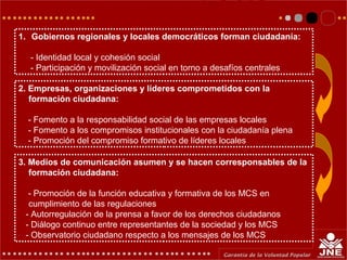 1. Gobiernos regionales y locales democráticos forman ciudadanía:
- Identidad local y cohesión social
- Participación y movilización social en torno a desafíos centrales
2. Empresas, organizaciones y líderes comprometidos con la
formación ciudadana:
- Fomento a la responsabilidad social de las empresas locales
- Fomento a los compromisos institucionales con la ciudadanía plena
- Promoción del compromiso formativo de líderes locales
3. Medios de comunicación asumen y se hacen corresponsables de la
formación ciudadana:
- Promoción de la función educativa y formativa de los MCS en
cumplimiento de las regulaciones
- Autorregulación de la prensa a favor de los derechos ciudadanos
- Diálogo continuo entre representantes de la sociedad y los MCS
- Observatorio ciudadano respecto a los mensajes de los MCS
 