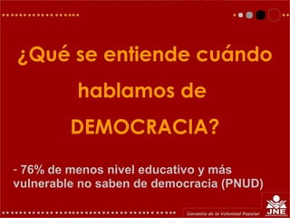 ¿Qué se entiende cuándo
hablamos de
DEMOCRACIA?
- 76% de menos nivel educativo y más
vulnerable no saben de democracia (PNUD)
 