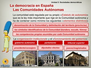 Unidad 3: Sociedades democráticas

La democracia en España
 Las Comunidades Autónomas
 La comunidad está regulada por su propio «Estatuto de autonomía»
 que es la ley más importante que rige en la Comunidad autónoma y
 ha de contener como mínimo los siguientes «elementos distintivos»
  denominación de la Comunidad y delimitación del territorio (provincias)

  los símbolos identificativos de la Comunidad (bandera, escudo, himno)

   las competencias propias asumidas por cada Comunidad autónoma

 La «organización institucional» y el «funcionamiento del gobierno»:
  gobierno autónomo            parlamento              tribunal superior

  presidente/consejero      diputados electos         jueces/magistrados
 