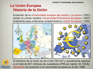 Unidad 3: Sociedades democráticas

La Unión Europea
 Historia de la Unión
 Evolución de la «Comunidad europea del carbón y el acero» (1951)
 recibe un primer nombre «Comunidad Económica Europea» (1957)
 finalmente pasa a llamarse simplemente la «Unión Europea» (1992)




 El territorio de la Unión es de 4.324.782 km² y actualmente aglutina
 a un total de 501 millones de ciudadanos (PIB per cápita: 30.136 $).
 «España» se incorporó a la comunidad europea en el año 1986
 