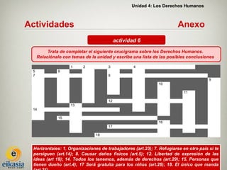 Unidad 4: Los Derechos Humanos



Actividades                                                            Anexo
                                           actividad 6

          Trata de completar el siguiente crucigrama sobre los Derechos Humanos.
     Relaciónalo con temas de la unidad y escribe una lista de las posibles conclusiones

                    1     2           3            4
 5             6
 7                                    8
                                                                                      9
                                                              10

                                                                          11

                                      12
                    13
 14

               15
                                                              16
                                      17

                                18


 Horizontales: 1. Organizaciones de trabajadores (art.23); 7. Refugiarse en otro país si te
 persiguen (art.14); 8. Causar daños físicos (art.5); 12. Libertad de expresión de las
 ideas (art 19); 14. Todos los tenemos, además de derechos (art.29); 15. Personas que
 tienen dueño (art.4); 17 Será gratuita para los niños (art.26); 18. El único que manda
 
