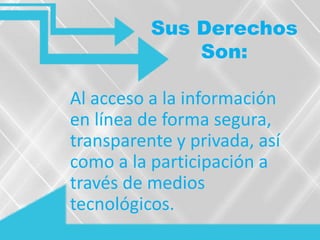 Sus Derechos
Son:
Al acceso a la información
en línea de forma segura,
transparente y privada, así
como a la participación a
través de medios
tecnológicos.
 
