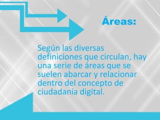Áreas:
Según las diversas
definiciones que circulan, hay
una serie de áreas que se
suelen abarcar y relacionar
dentro del concepto de
ciudadanía digital.
 