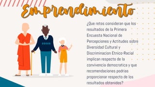 ¿Que retos consideran que los
resultados de la Primera
Encuesta Nacional de
Percepciones y Actitudes sobre
Diversidad Cultural y
Discriminacion Etnico-Racial
implican respecto de la
convivencia democratica y que
recomendaciones podrias
proporcionar respecto de los
resultados obtenidos?
 