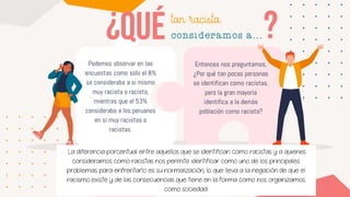 Podemos observar en las
encuestas como solo el 8%
se consideraba a si mismo
muy racista o racista,
mientras que el 53%
consideraba a los peruanos
en si muy racistas o
racistas.
Entonces nos preguntamos,
¿Por qué tan pocas personas
se identifican como racistas,
pero la gran mayoría
identifica a la demás
población como racista?
tan racista
consideramos a…
La diferencia porcentual entre aquellos que se identifican como racistas y a quienes
consideramos como racistas nos permite identificar como uno de los principales
problemas para enfrentarlo es su normalización, lo que lleva a la negación de que el
racismo existe y de las consecuencias que tiene en la forma como nos organizamos
como sociedad.
 