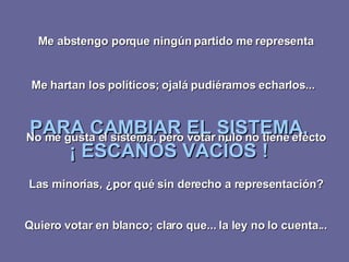 Me abstengo porque ningún partido me representa PARA CAMBIAR EL SISTEMA, ¡ ESCAÑOS VACÍOS ! Quiero votar en blanco; claro que... la ley no lo cuenta... No me gusta el sistema, pero votar nulo no tiene efecto Me hartan los políticos; ojalá pudiéramos echarlos... Las minorías, ¿por qué sin derecho a representación? 