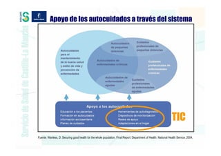 Apoyo de los autocuidados a través del sistema




                                                                                                                   TIC
Fuente: Wanless, D. Securing good health for the whole population. Final Report. Department of Health. National Health Service. 2004.
 