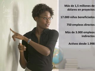 Más de 1,5 millones de
   dólares en proyectos

17.000 niños beneficiados

    750 empleos directos

   Más de 3.000 empleos
              indirectos

     Activos desde 1.998
 