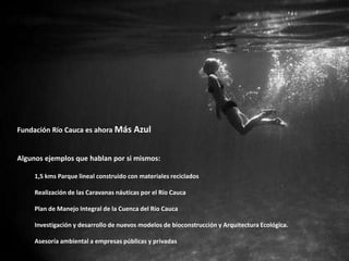 Fundación Río Cauca es ahora Más Azul


Algunos ejemplos que hablan por si mismos:

     1,5 kms Parque lineal construido con materiales reciclados

     Realización de las Caravanas náuticas por el Río Cauca

     Plan de Manejo Integral de la Cuenca del Río Cauca

     Investigación y desarrollo de nuevos modelos de bioconstrucción y Arquitectura Ecológica.

     Asesoría ambiental a empresas públicas y privadas
 