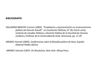 BIBLIOGRAFÍAVALLARINO-BRACHO,Carmen (2002). “Ciudadanía y representación en el pensamiento 	político de Hannah Arendt”  en Cuestiones Políticas, N° 28, Enero–Junio, 	Instituto de estudios Políticos y Derecho Público de la Facultad de Ciencias 	Jurídicas y Políticas de la Universidad de Zulia, Venezuela, pp. 11-29ARENDT, Hannah (2003). Conferencias sobre la filosofía política de Kant, España: 	Editorial Paidós Ibérica    ARENDT, Hannah (1967). On Revolution, New York: Víking Press. 