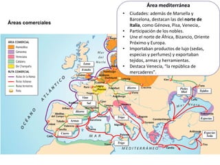 Áreas comerciales
Área mediterránea
• Ciudades: además de Marsella y
Barcelona, destacan las del norte de
Italia, como Génova, Pisa, Venecia,.
• Participación de los nobles.
• Une el norte de África, Bizancio, Oriente
Próximo y Europa.
• Importaban productos de lujo (sedas,
especias y perfumes) y exportaban
tejidos, armas y herramientas.
• Destaca Venecia, “la república de
mercaderes”.
 