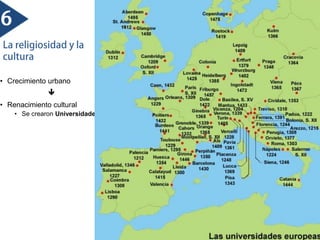 • Crecimiento urbano

• Renacimiento cultural
• Se crearon Universidades por toda Europa.
 