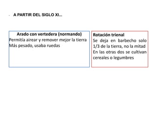 • A PARTIR DEL SIGLO XI...
Arado con vertedera (normando)
Permitía airear y remover mejor la tierra
Más pesado, usaba ruedas
Rotación trienal
Se deja en barbecho solo
1/3 de la tierra, no la mitad
En las otras dos se cultivan
cereales o legumbres
 