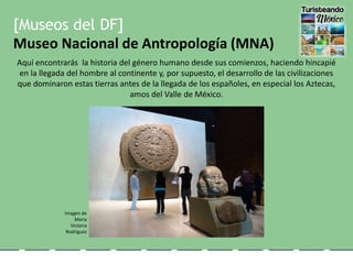 [Museos del DF]
Museo Nacional de Antropología (MNA)
Aquí encontrarás la historia del género humano desde sus comienzos, haciendo hincapié
en la llegada del hombre al continente y, por supuesto, el desarrollo de las civilizaciones
que dominaron estas tierras antes de la llegada de los españoles, en especial los Aztecas,
amos del Valle de México.
Imagen de
Maria
Victoria
Rodriguez
 