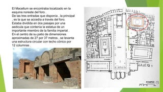 El Macellum se encontraba localizado en la
esquina noreste del foro .
De las tres entradas que disponía , la principal
, es la que se accedía a través del foro.
Estaba dividida en dos pasajes por una
aedicula que contenía la estatua de un
importante miembro de la familia imperial .
En el centro de su patio de dimensiones
aproximadas de 27 por 37 metros , se levanta
una estructura circular con techo cónico por
12 columnas .
 