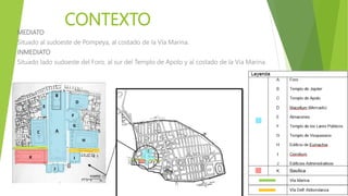 CONTEXTO
MEDIATO
Situado al sudoeste de Pompeya, al costado de la Vía Marina.
INMEDIATO
Situado lado sudoeste del Foro, al sur del Templo de Apolo y al costado de la Vía Marina.
 