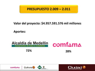 Valor del proyecto: $4.957.591.576 mil millones
Aportes:
72% 28%
PRESUPUESTO 2.009 – 2.011
 
