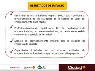 Desarrollo de una plataforma regional sólida para contribuir al
fortalecimiento de los eslabones de la cadena de valor del
emprendimiento en la región.
Profesionalización del capital social: Red de coordinadores de
emprendimiento, red de emprendedores, red de docentes, red de
consultores al servicio de la ciudad
Modelo de acompañamiento integral para la creación de
empresas de impacto
Capacidades instaladas en el sistema: unidades de
emprendimiento fortalecidas que impactan en el largo plazo
RESULTADOS DE IMPACTO
 
