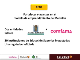 Fortalecer y avanzar en el
modelo de emprendimiento de Medellín
Dos entidades : +
líderes
30 Instituciones de Educación Superior impactadas
Una región beneficiada
RETO
 