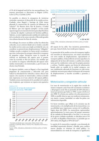 Servicios básicos urbanos 103
al 1% de la longitud total de las vías metropolitanas. Los
mayores porcentajes se detectaron en Bogotá (3,8%),
León (2,1%) y Curitiba (1,8%).
En paralelo, se observa la emergencia de iniciativas
orientadas a promover el desarrollo de los modos activos.
Ciudades como Bogotá y Santiago de Chile tienen
planeada la construcción de centenas de kilómetros de
ciclovías78
. En Buenos Aires, Río de Janeiro y Ciudad
de México –por citar algunos ejemplos– se han creado
espaciossegurosenestacionesdemetroparadejarbicicletas
y sistemas de alquiler o préstamo de bicicletas públicas.
Además, se están implementando medidas de moderación
de la circulación en las zonas centrales y liberando grandes
vías urbanas durante los ﬁnes de semana.
Sin embargo, los avances no deben ocultar los obstáculos
culturales, en un contexto donde aún se tiende a concebir
los medios activos como una simple actividad de ocio, sin
considerar su potencial para desplazamientos “obligados”
(trabajo, escuela o compras) ni el peso social y económico
que tiene, incluso para las entregas a domicilio y transporte
de pequeñas cargas. Iniciativas como la creación de
ciclovías en detrimento del espacio para el peatón,
como ha ocurrido en Río de Janeiro, son medidas que
no resultan en ninguna redistribución del espacio entre
medios motorizados y no-motorizados, y, por lo tanto, de
alcance muy limitado.
En algunas ciudades, como en Bogotá, se han impulsado
programas de concienciación y educación vial, para
reducir la velocidad de los vehículos a motor, ofrecer más
espacio a los usuarios no motorizados y alentar actitudes
más respetuosas en el uso colectivo del espacio público.
También existen movimientos de la sociedad civil, todavía
muy incipientes, que reclaman un reparto más equitativo
del espacio de las calles. Son iniciativas prometedoras,
pero que, hasta la fecha, han tenido poco impacto.
La promoción de los medios activos de transporte implica
una inversión en infraestructura, una mejor articulación
con otros modos de desplazamiento, especialmente el
transporte público, el desarrollo de servicios especíﬁcos, la
adaptación de las leyes del tránsito y cambios de actitud,
tanto por los conductores como por los propios peatones
y ciclistas. También supone una forma de urbanización
basada sobre un modelo de la ciudad compacta, con
una combinación adecuada de funciones en cada sector,
condición necesaria para reducir la distancia de la mayoría
de desplazamientos y hacerlos accesibles a peatones y
ciclistas.
Motorización y congestión vehicular
Las tasas de motorización en la región han crecido de
manera rampante como fruto del crecimiento económico
y del progreso social. De un promedio de 0,09 vehículos a
motor por persona que había en 1990, se pasó a 0,20 en el
año 2008. Si se limita este análisis a los años posteriores al
2000, es posible observar que esta tendencia está presente,
con mayor o menor intensidad, en todos los países con
información disponible.
Un factor novedoso, que inﬂuye en la creciente tasa de
motorización, es la multiplicación de las motocicletas y su
accesibilidad para importantes sectores de la población.
Según datos del OMU, las motocicletas representaban
aproximadamente la cuarta parte del parque automotor
de las ciudades de Montevideo y San José; y en otras seis
de las quince ciudades estudiadas, se ubicaban entre el 10
y el 16%; en República Dominicana, se calculaba que en
2011 dicha cifra llegaba al 49% del total79
.
La opción de la motocicleta responde a una demanda de
movilidad motorizada eﬁciente y ﬂexible, pero conlleva
nuevos desafíos en términos de salud pública. La
siniestralidad de este modo de transporte es signiﬁcativa
Gráﬁco 4.14
Evolución de la tasa de motorización
(autos por persona), 1990-2008a
nºdeautos/persona
0.08
0.09
0.10
0.11
0.12
0.13
0.14
0.15
0.16
0.17
0.18
0.19
0.20
a
Promedio ponderado para nueve países: Bolivia, Brasil, Chile,
Colombia, Guatemala, México, Panamá, Perú, República Dominicana y
Venezuela.
Fuente: CEPAL, Indicadores ambientales de América Latina y el Caribe
(2009c).
Gráﬁco 4.15 Evolución de la tasa de motorización en
países de América Latina y el Caribe, 2001 y 2007
0.00
0.05
0.10
0.15
0.20
0.25
2001 2007
Nºautos/persona
Fuente: CEPAL, Indicadores ambientales de América Latina y el Caribe
(2009c).
 