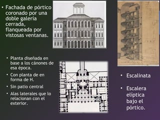 • Fachada de pórtico
coronado por una
doble galería
cerrada,
flanqueada por
vistosas ventanas.
• Escalinata
• Escalera
elíptica
bajo el
pórtico.
• Planta diseñada en
base a los cánones de
esa época.
• Con planta de en
forma de H.
• Sin patio central
• Alas laterales que lo
relacionan con el
exterior.
 