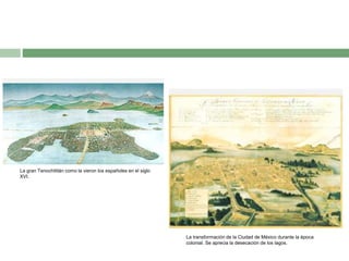 La gran Tenochtitlán como la vieron los españoles en el siglo
XVI.

La transformación de la Ciudad de México durante la época
colonial. Se aprecia la desecación de los lagos.

 