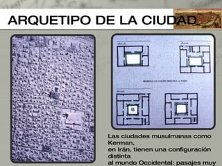 ARQUETIPO DE LA CIUDAD Las ciudades musulmanas como Kerman, en Irán, tienen una configuración distinta al mundo Occidental: pasajes muy estrechos y casas con patios para la luz y ventilación de los cuartos. 