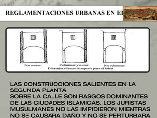 REGLAMENTACIONES URBANAS EN EL ISLAM LAS CONSTRUCCIONES SALIENTES EN LA SEGUNDA PLANTA  SOBRE LA CALLE SON RASGOS DOMINANTES DE LAS CIUDADES ISLÁMICAS. LOS JURISTAS MUSULMANES NO LAS IMPIDIERON MIENTRAS NO SE CAUSARA DAÑO Y NO SE PERTURBARA LA CIRCULACIÓN. 