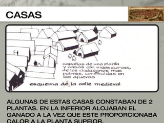 CASAS ALGUNAS DE ESTAS CASAS CONSTABAN DE 2 PLANTAS. EN LA INFERIOR ALOJABAN EL GANADO A LA VEZ QUE ESTE PROPORCIONABA CALOR A LA PLANTA SUPEIOR. 