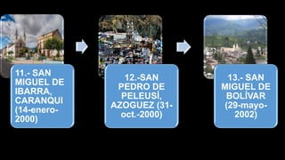 11.- SAN
MIGUEL DE
IBARRA,
CARANQUI
(14-enero-
2000)
12.-SAN
PEDRO DE
PELEUSÍ,
AZOGUEZ (31-
oct.-2000)
13.- SAN
MIGUEL DE
BOLÍVAR
(29-mayo-
2002)
 