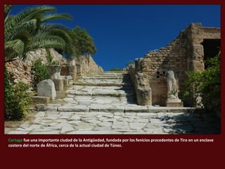 Cartago fue una importante ciudad de la Antigüedad, fundada por los fenicios procedentes de Tiro en un enclave 
costero del norte de África, cerca de la actual ciudad de Túnez. 
 