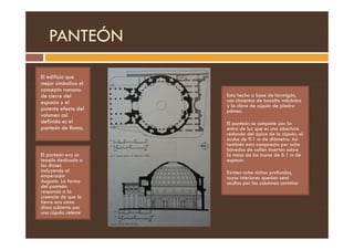 PANTEÓN
El edificio que
mejor simboliza el
concepto romano
de cierre del
espacio y el
potente efecto del
volumen así
definido es el
panteón de Roma.
Esta hecho a base de hormigón,
con cimientos de basalto volcánico
y la clave de cúpula de piedra
pómez.
El panteón se compone por la
panteón de Roma.
El panteón era un
templo dedicado a
los dioses
incluyendo al
emperador
Augusto. La forma
del panteón
responde a la
creencia de que la
tierra era como
disco cubierto por
una cúpula celeste
El panteón se compone por la
entra de luz que es una abertura
redonda del ápice de la cúpula, el
oculus de 9.1 m de diámetro. Así
también esta compuesta por ocho
bóvedas de cañón insertas sobre
la masa de los muros de 6.1 m de
espesor.
Existen ocho nichos profundos,
cuyos interiores quedan semi
ocultos por las columnas corintias
 