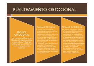 PLANTEAMIENTO ORTOGONAL
TÉCNICA
CAMPAMENTO MILITAR
• Al igual que ocurría en el
emplazamiento de un templo, el
terreno destinado a un
TRAZADO ORTOGONAL
• El sistema ortogonal se extendía
a una mayor escala, hasta más
allá de las murallas del
TÉCNICA
ORTOGONAL
Los romanos utilizaron la
técnica del planteamiento
ortogonal por influencia
helenística, que utilizaron
en sus campamentos
militares.
terreno destinado a un
campamento militar, o castrum, se
medía meticulosamente y las
líneas rectoras básicas, o límites,
se establecían en el centro del
campamento, por un instrumento
llamado groma.
• Desde ese punto se trazaban las
dos calles principales: la
longitudinal, que seguía el eje
norte-sur, se llamaba cardo,
mientras que la calle transversal,
o decumanus, seguía la dirección
del eje este-oeste.
allá de las murallas del
campamento, en ocasiones con
modificaciones para adaptarse a
la pendiente del terreno, usando
manzanas llamadas centuriae,
que medían 2.400 pies romanos
de lado. Estas amplias manzanas
tenían una superficie equivalente
a cien granjas pequeñas, de ahí
su nombre de centuriae.
• Los campamentos militares se
convirtieron, a su vez, en la base
para la planificación de
innumerables poblaciones.
 