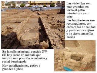 En la calle principal, sentido NW­
SE hay casas de calidad, que 
indican una posición económica y 
social desahogada
Las viviendas son 
más grandes, en 
torno al patio 
interior con o sin 
pozo.
Las habitaciones son 
rectangulares, con 
enfoscados de calidad 
y pavimentos rojizos 
o de tierra amarilla 
batida
Hay canalizaciones, patios y 
grandes aljibes. 
 