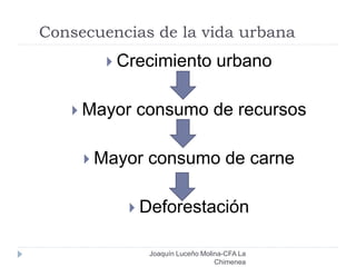 Consecuencias de la vida urbana
Joaquín Luceño Molina-CFA La
Chimenea
 Crecimiento urbano
 Mayor consumo de recursos
 Mayor consumo de carne
 Deforestación
 