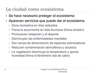 La ciudad como ecosistema
Joaquín Luceño Molina-CFA La
Chimenea
 Se hace necesario proteger el ecosistema
 Aparecen servicios que puede dar el ecosistema
 Zona recreativa en días soleados
 Frena la escorrentía en días lluviosos (frena erosión)
 Promueven relajación y el deporte
 Disminuyen las enfermedades mentales
 Son zonas de alimentación de especies polinizadoras
 Reducen contaminación atmosférica y acústica
 La vegetación disminuye la temperatura y aporta
humedad (frena el fenómeno isla de calor)
 