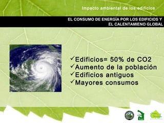 EL CONSUMO DE ENERGÍA POR LOS EDIFICIOS Y
EL CALENTAMIENO GLOBAL
Edificios= 50% de CO2
Aumento de la población
Edificios antiguos
Mayores consumos
Impacto ambiental de los edificios
 