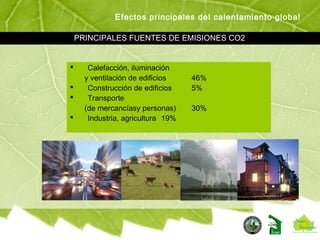 PRINCIPALES FUENTES DE EMISIONES CO2
 Calefacción, iluminación
y ventilación de edificios 46%
 Construcción de edificios 5%
 Transporte
(de mercancíasy personas) 30%
 Industria, agricultura 19%
Efectos principales del calentamiento global
 