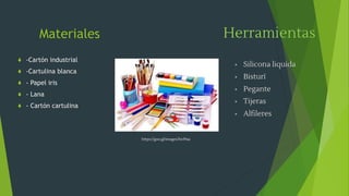 Materiales
 -Cartón industrial
 -Cartulina blanca
 - Papel iris
 - Lana
 - Cartón cartulina
https://goo.gl/images/hx39aa
Herramientas
◈ Silicona liquida
◈ Bisturí
◈ Pegante
◈ Tijeras
◈ Alfileres
 