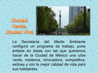 La Secretaría del Medio Ambiente 
configuró un programa de trabajo, pone 
énfasis en áreas con las que queremos 
hacer de la Ciudad de México una urbe 
verde, moderna, innovadora, competitiva, 
exitosa y con la mejor calidad de vida para 
sus habitantes. 
 