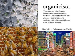 “Establece una relación entre
forma urbana y forma humana,
mostrando a su vez tendencias anti
urbanas y apostando por la
ruralidad, todo ello compatible con
el desarrollo económico”
organicista
Naturaleza/ Delos cuerpos /Vividas
Hong Kong
Los Ángeles
Tokio
Tokio
Deconstrucción
 