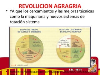 REVOLUCION AGRAGRIA
• YA que los cercamientos y las mejoras técnicas
como la maquinaria y nuevos sistemas de
rotación sistema
• Norfolkhttp://photos1.blogger.com/x/blogger/2298/4054/1600/82055/sc
 