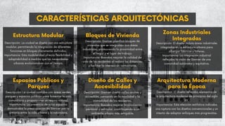 Estructura Modular
Descripción: La ciudad se diseñó con una estructura
modular, permitiendo la integración de diferentes
funciones en bloques claramente definidos.
Importancia: Esta modularidad ofrecía flexibilidad y
adaptabilidad a medida que las necesidades
urbanas evolucionaban con el tiempo.
Bloques de Vivienda
Descripción: Garnier planificó bloques de
viviendas que se integraban con áreas
industriales, promoviendo la proximidad entre
el hogar y el lugar de trabajo.
Importancia: Buscaba mejorar la calidad de
vida de los residentes al reducir las distancias
y facilitar la interacción comunitaria.
Zonas Industriales
Integradas
Descripción: El diseño incluía áreas industriales
integradas en la estructura urbana para
albergar fábricas y talleres.
Importancia: La integración industrial
reflejaba la visión de Garnier de una
comunidad autónoma y equitativa.
Espacios Públicos y
Parques
Descripción: La ciudad contaba con áreas verdes,
parques y espacios públicos para fomentar la vida
comunitaria y proporcionar un respiro natural.
Importancia: La presencia de estos espacios
demostraba la preocupación de Garnier por la
armonía entre la vida urbana y la naturaleza.
Diseño de Calles y
Accesibilidad
Descripción: Garnier diseñó calles anchas y
accesibles, pensando en la movilidad y la
comodidad de los residentes.
Importancia: Buscaba mejorar la circulación
peatonal y vehicular, contribuyendo a un
ambiente urbano más amigable.
Arquitectura Moderna
para la Época
Descripción: El diseño reflejaba elementos de
la arquitectura moderna de principios del siglo
XX.
Importancia: Esta elección estilística indicaba
una ruptura con los diseños convencionales y un
intento de adoptar enfoques más progresistas.
CARACTERÍSTICAS ARQUITECTÓNICAS
 