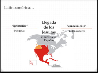 Latinoamérica…	


                    Llegada  
   “ignorancia”	
                    “conocimiento”	
                     de  los  
    Indigenas  	
                     Colonizadores  	
                    Jesuitas	
                    (1572  Nueva  
                      España)  	
 