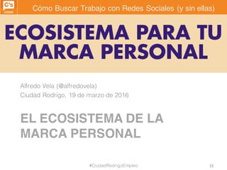 Cómo Buscar Trabajo con Redes Sociales (y sin ellas)
EL ECOSISTEMA DE LA
MARCA PERSONAL
Alfredo Vela (@alfredovela)
Ciudad...