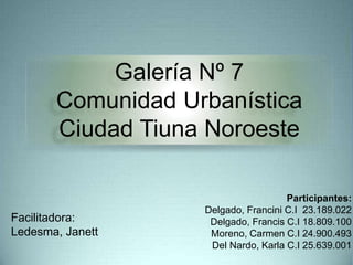 Galería Nº 7
Comunidad Urbanística
Ciudad Tiuna Noroeste
Participantes:
Delgado, Francini C.I 23.189.022
Delgado, Francis C.I 18.809.100
Moreno, Carmen C.I 24.900.493
Del Nardo, Karla C.I 25.639.001
Facilitadora:
Ledesma, Janett
 